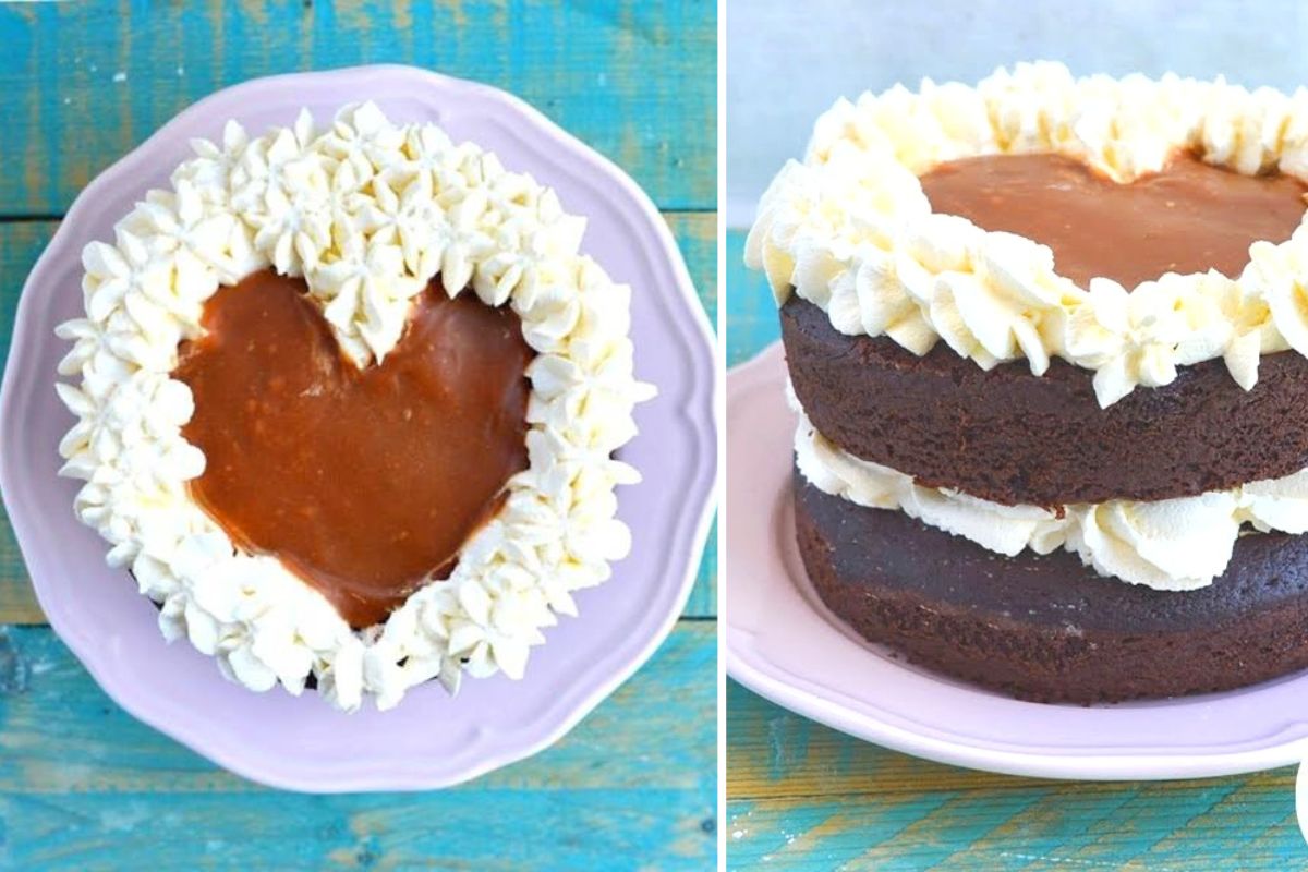 ricetta-torta-al-ciocclato-umida-facile-e-veloce-per-festeggiare-san-valentino-con-decorazione-a-forma-di-cuore-di-salsa-al-caramello-salato-mou-farcita-di-panna